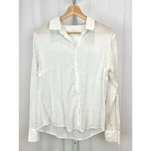 AKIABARA Womens Size 4 US 10 Eyelet Sleeve Button Down Shirt Cotton White